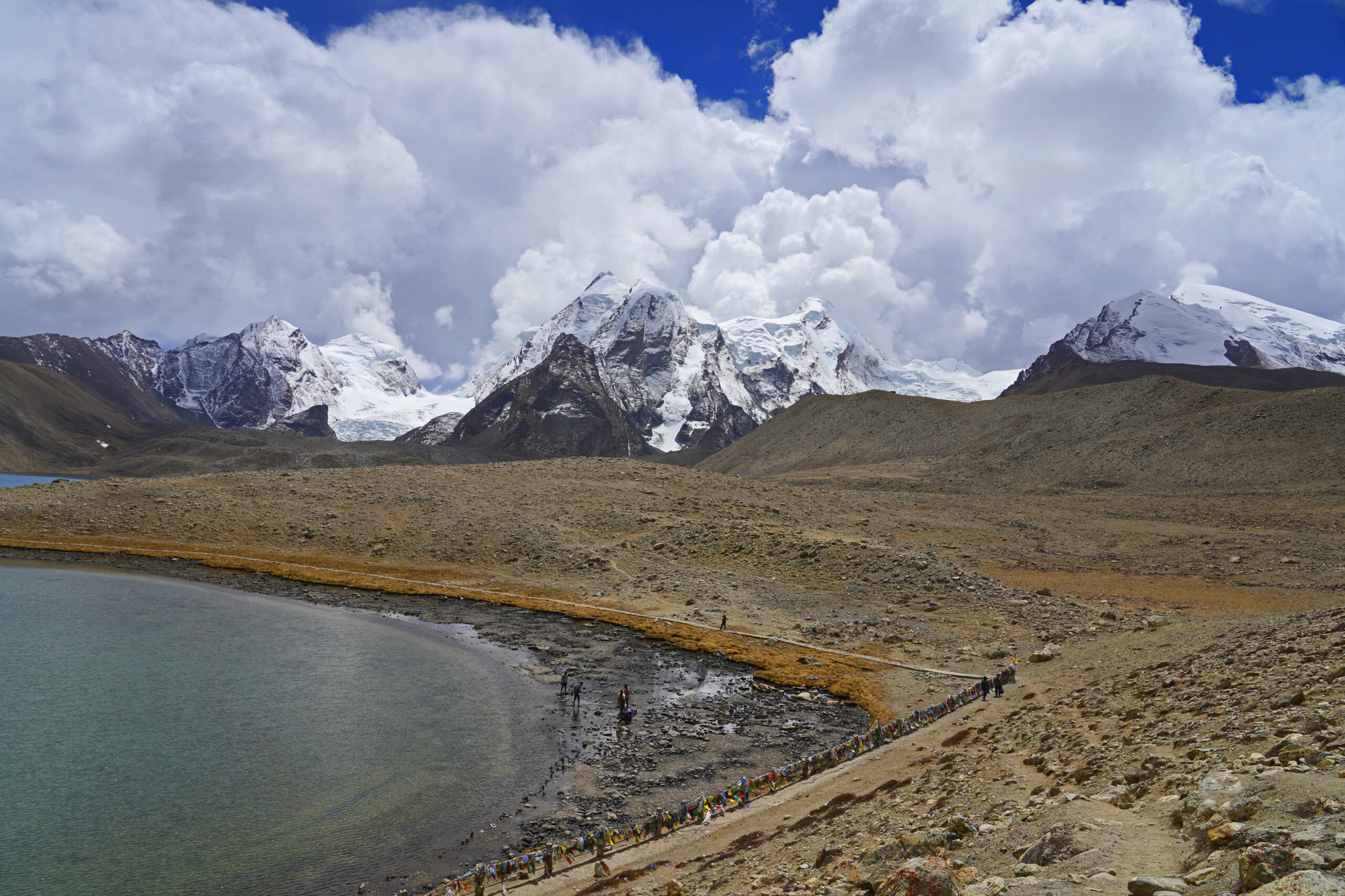 (from r to l) mt. khangchengyao, mt. gurudongmar west, mt. gurudongmar and mt. sangalphu as seen from western (right) bank of gurudongmar lake, north sikkim, india 02